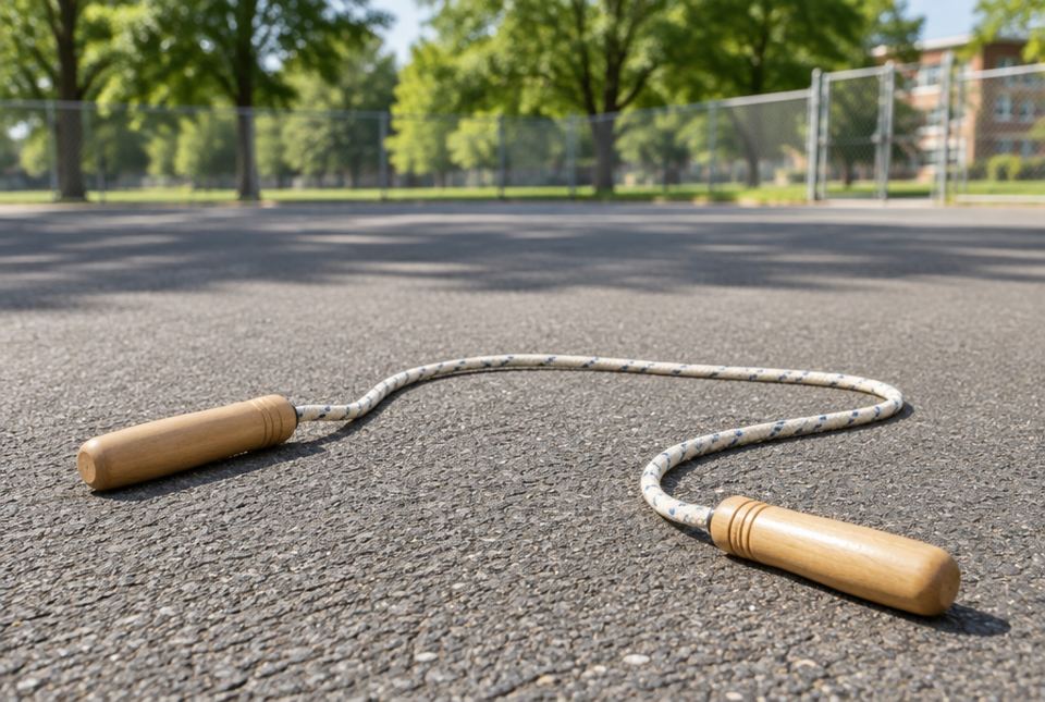 A skipping rope with wooden handles lies on a sunny schoolyard.
