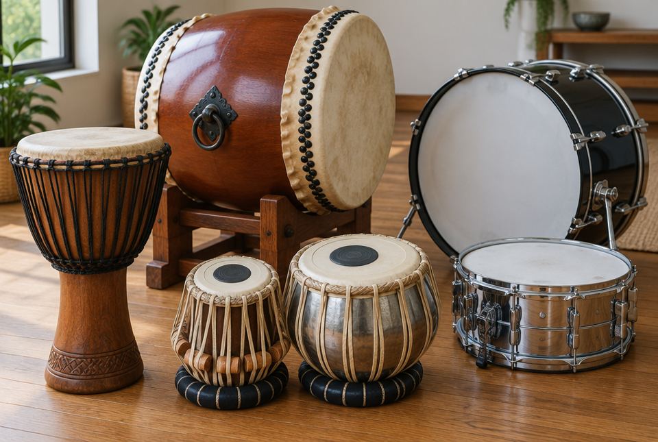A djembe, a large taiko drum on a stand, a pair of tabla, a snare drum and a bass drum on a wooden floor.