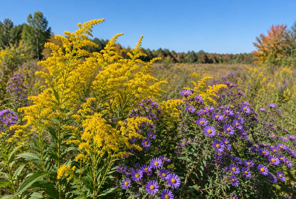 Bright yellow goldenrod growing beside purple asters in a meadow under a blue sky.