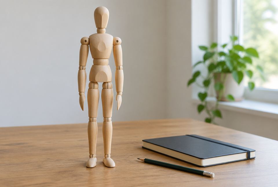 A wooden artist's mannequin stands on a table beside a sketchbook and a pencil.