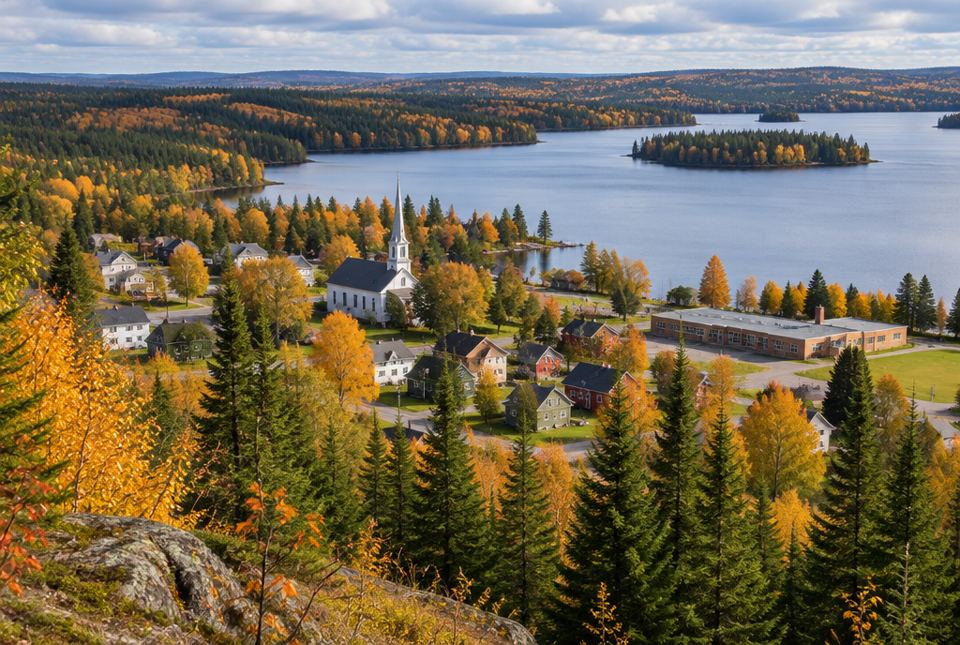 A small northern town beside a lake in autumn, with houses, a church steeple and spruce forest around it.