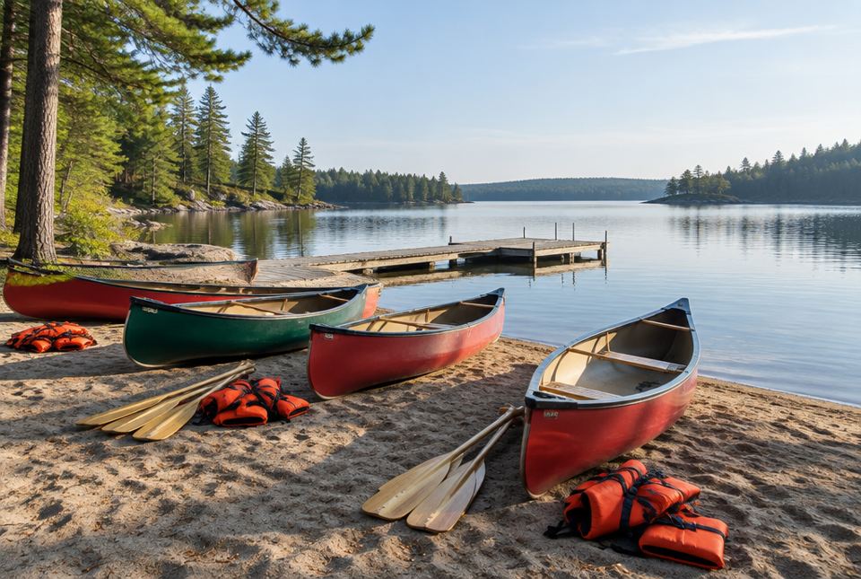 Canoes pulled up on a sandy beach next to paddles and orange life jackets, with a dock and pine forest by a lake.