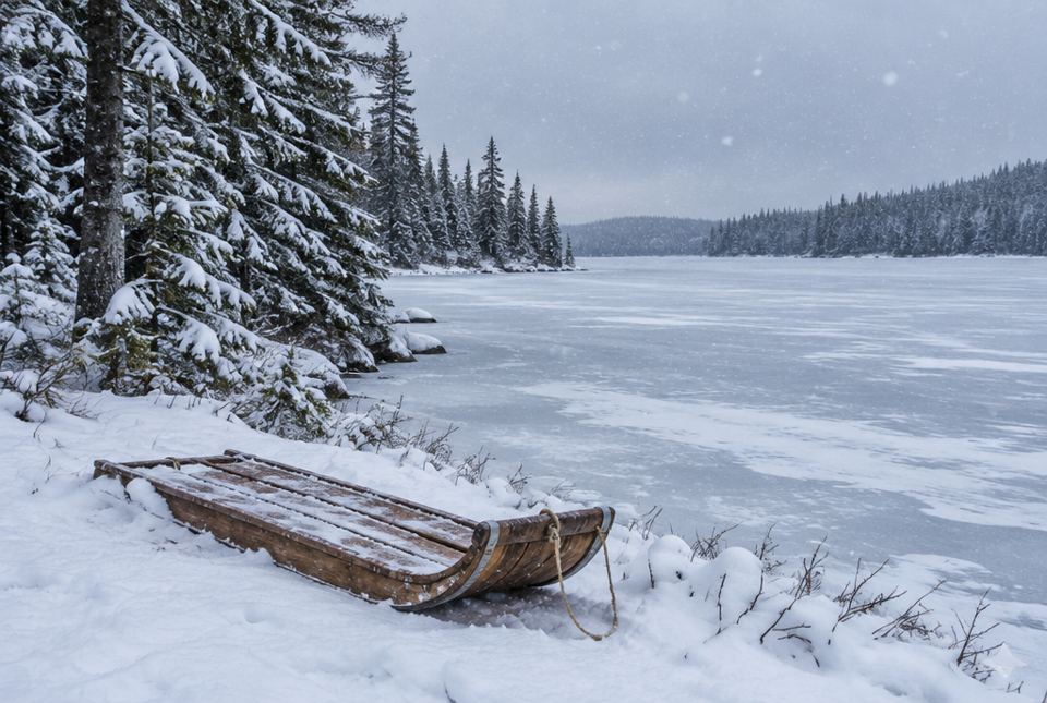 A frozen lake with falling snow, tall snow-covered fir trees along the shore and a wooden toboggan on the bank.