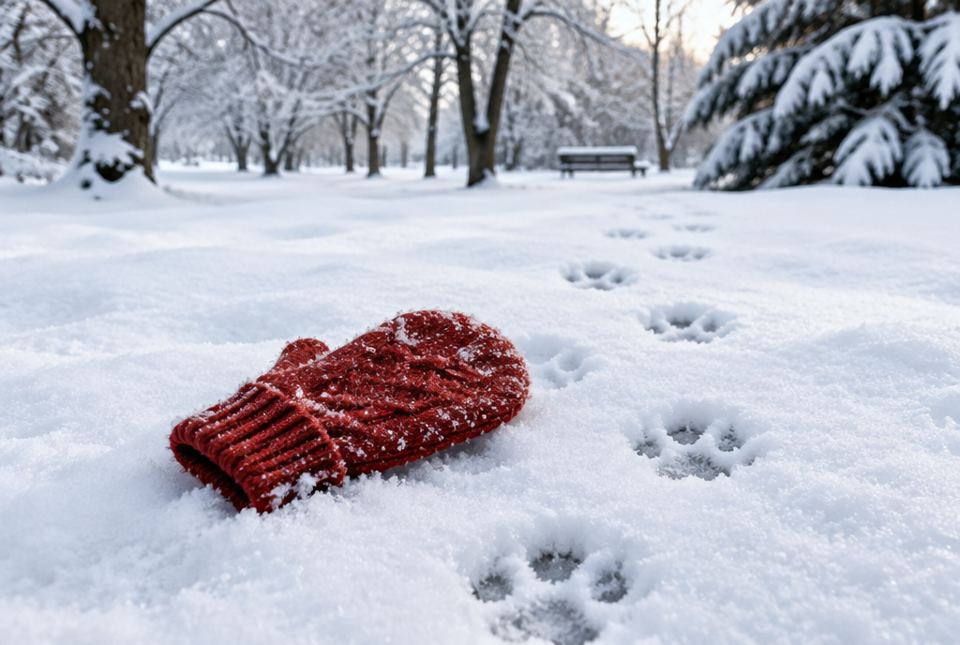 A red knitted mitten lying in fresh snow surrounded by dog paw prints.