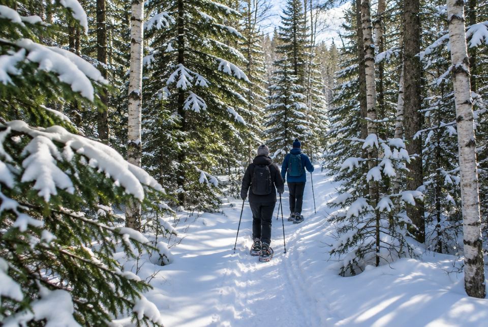 Two people snowshoeing along a snowy trail through a forest of spruce and birch trees, seen from behind.