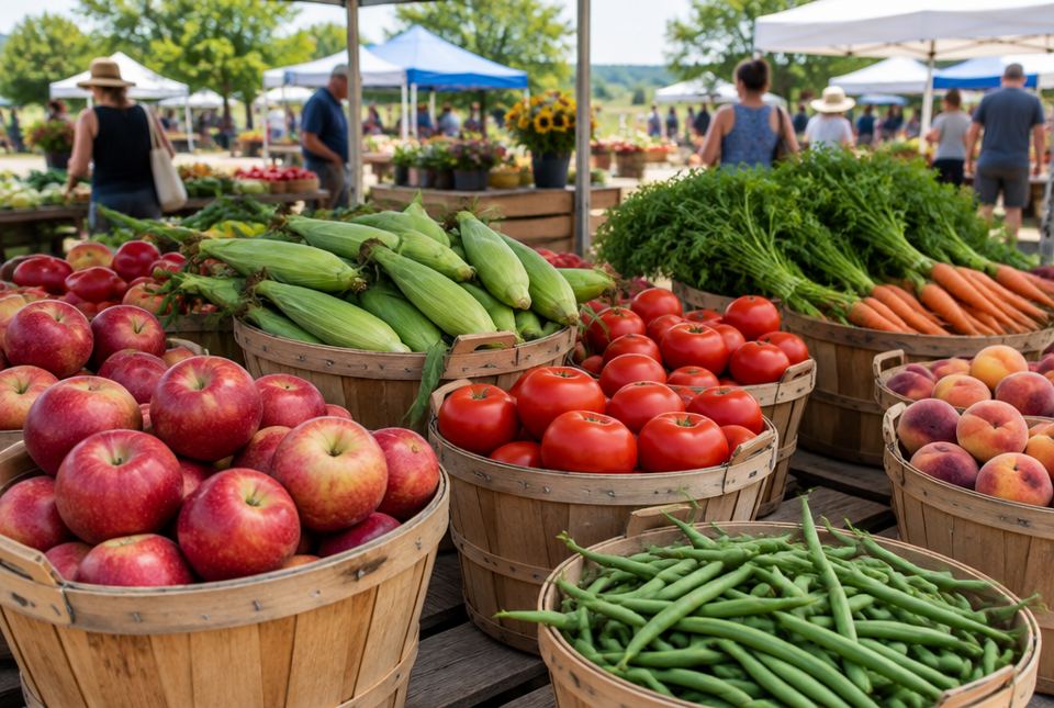 Baskets of apples, corn, tomatoes, carrots, peaches and green beans at an outdoor farmers' market.