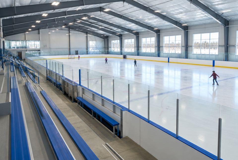 An indoor community arena with a smooth ice rink, boards, bleachers and a few skaters far away.