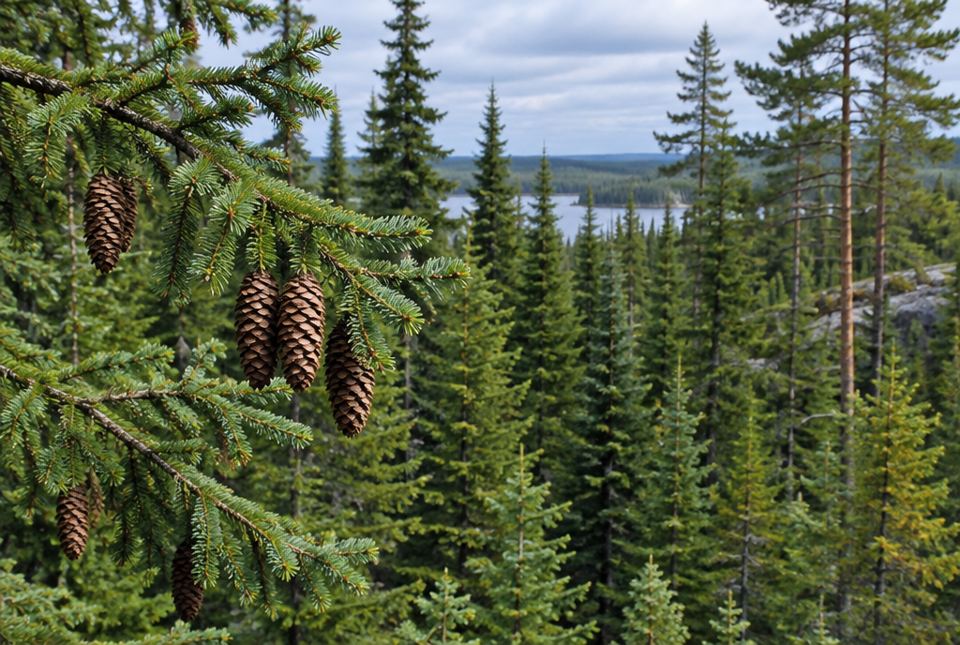 A spruce branch with short needles and hanging brown cones in front of a dense evergreen forest.