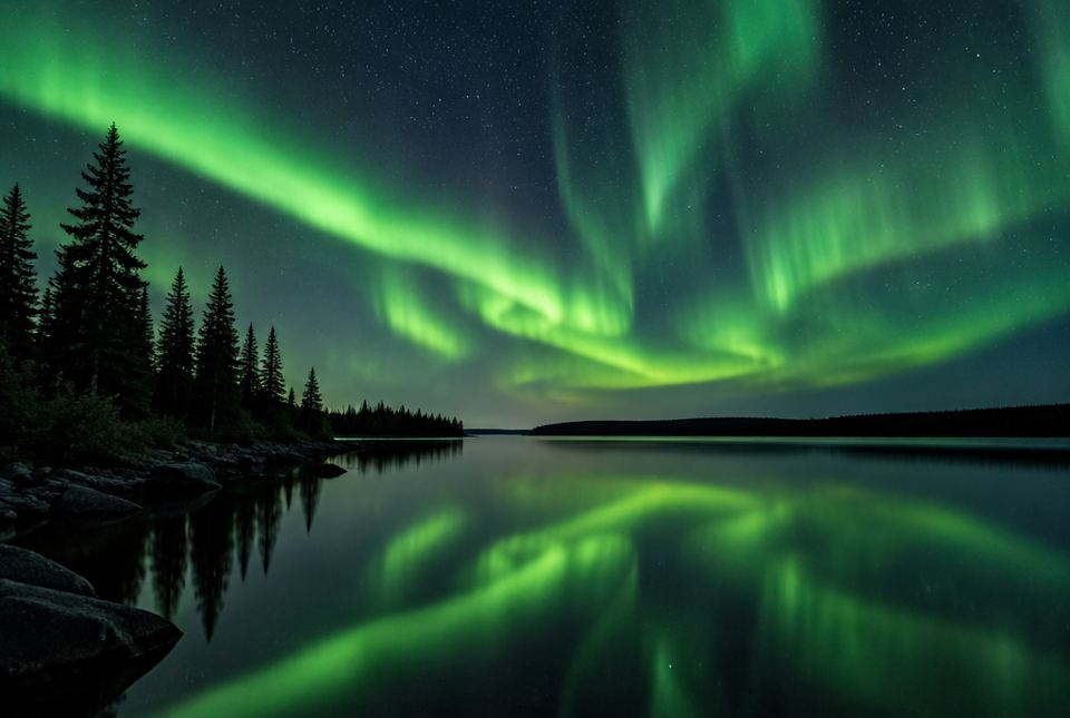 Green northern lights glowing in the night sky above a calm lake, reflected in the water, with dark spruce trees on the shore.