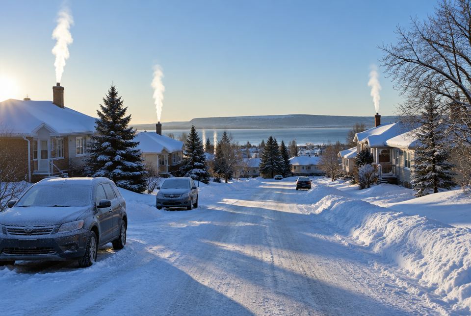 A snowy street on a frosty, sunny winter morning, with chimney smoke rising and a lake in the distance.
