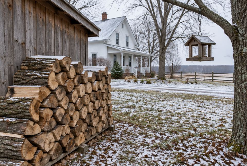 A neat stack of split firewood beside a wooden shed at a snowy rural house, with a bird feeder hanging from a tree.