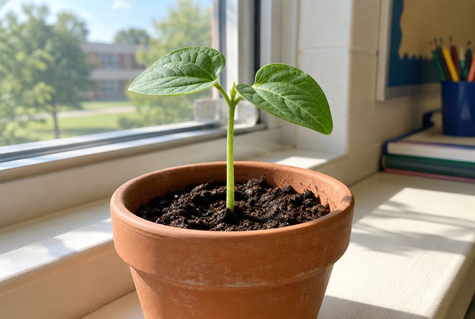 A young bean seedling with two leaves growing in a clay pot on a sunny classroom windowsill.