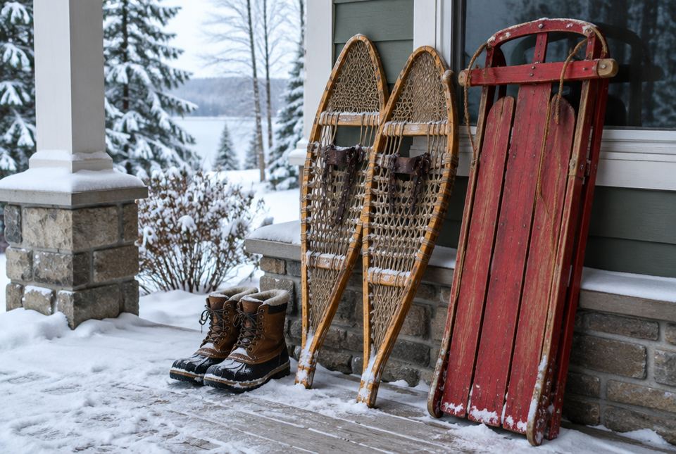 A pair of wooden snowshoes, a red wooden sled and a pair of winter boots on a snowy porch.