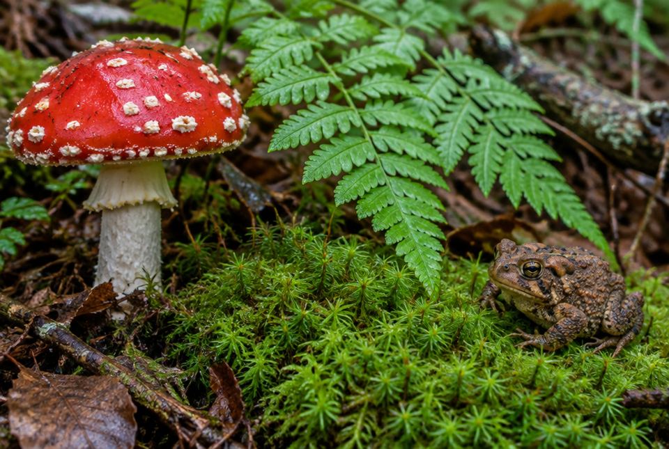 A red mushroom with white spots, a fern, green moss and a brown toad together on a forest floor.