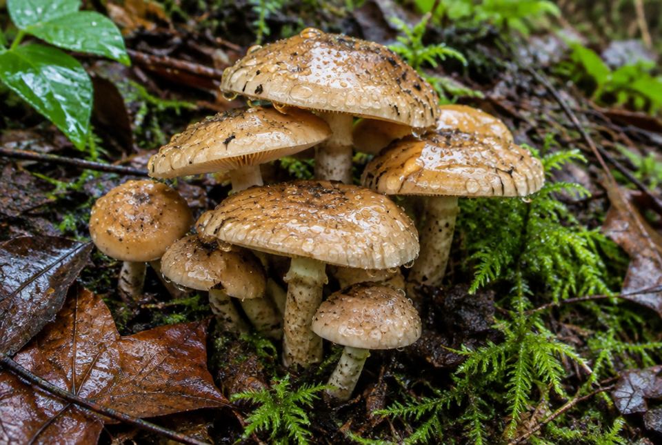 A cluster of tan mushrooms with raindrops on their caps, growing from wet leaves and moss.