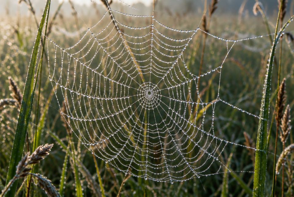 A spider web with many strands covered in dew drops, hanging among tall grass in the morning light.