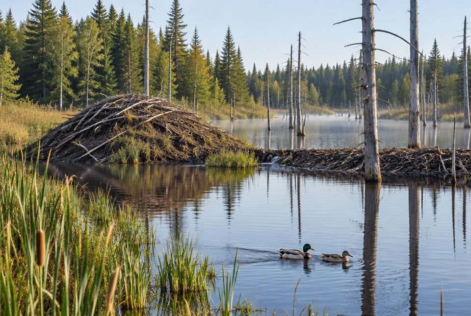 A beaver pond with a stick lodge, a dam, reeds, standing dead trees and two ducks swimming.