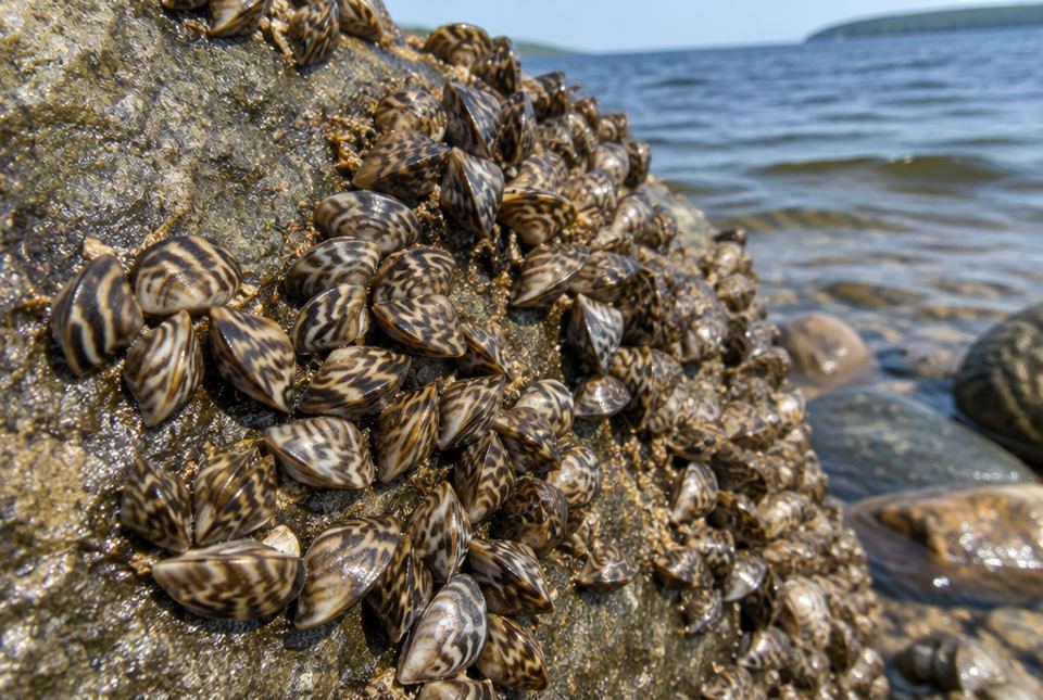 A shoreline rock covered with many small striped zebra mussels, with a lake behind.