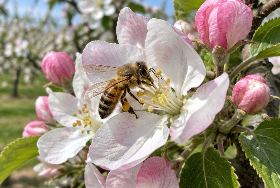 A honey bee collecting nectar and pollen from a pink and white apple blossom in an orchard.