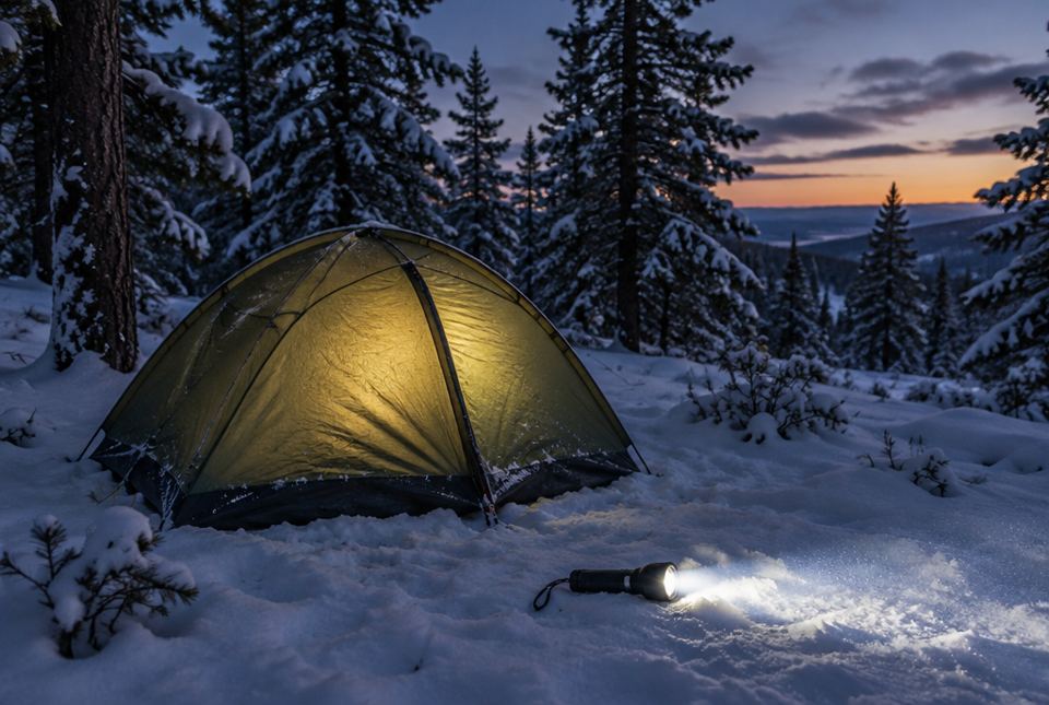 A dome tent glowing in a snowy pine forest at dusk, with a lit flashlight on the snow.