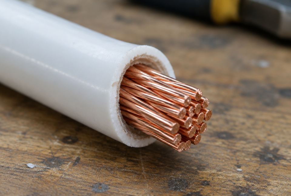 The cut end of a white electrical cord, showing many shiny copper wire strands inside the plastic coating.