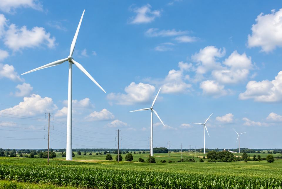 Tall white wind turbines with three blades standing in green farm fields, with power lines in front.
