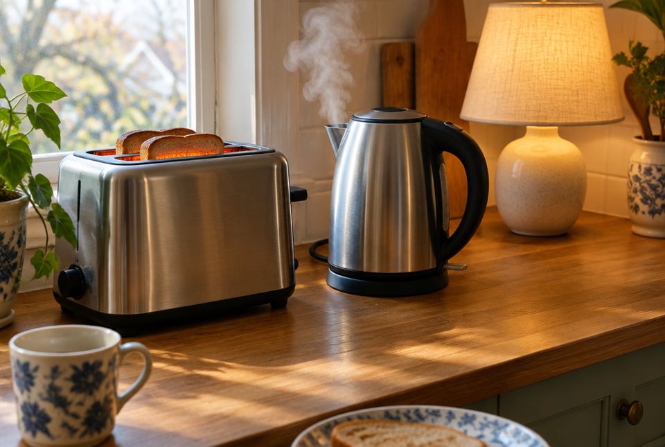 A kitchen counter with a toaster glowing inside, a steaming kettle and a lit lamp.