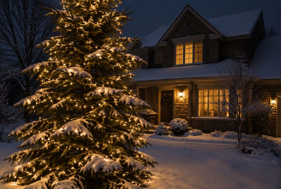 A snow-covered evergreen tree wrapped in strings of small warm white lights in front of a house at night.