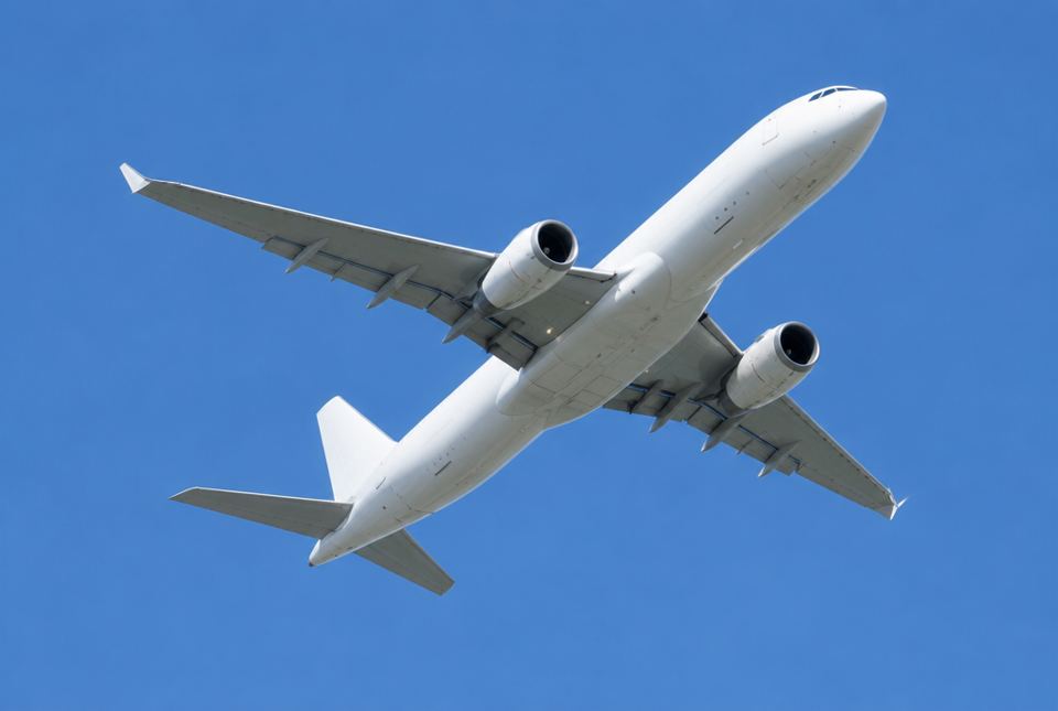 A large white passenger jet seen from below, flying in a clear blue sky.