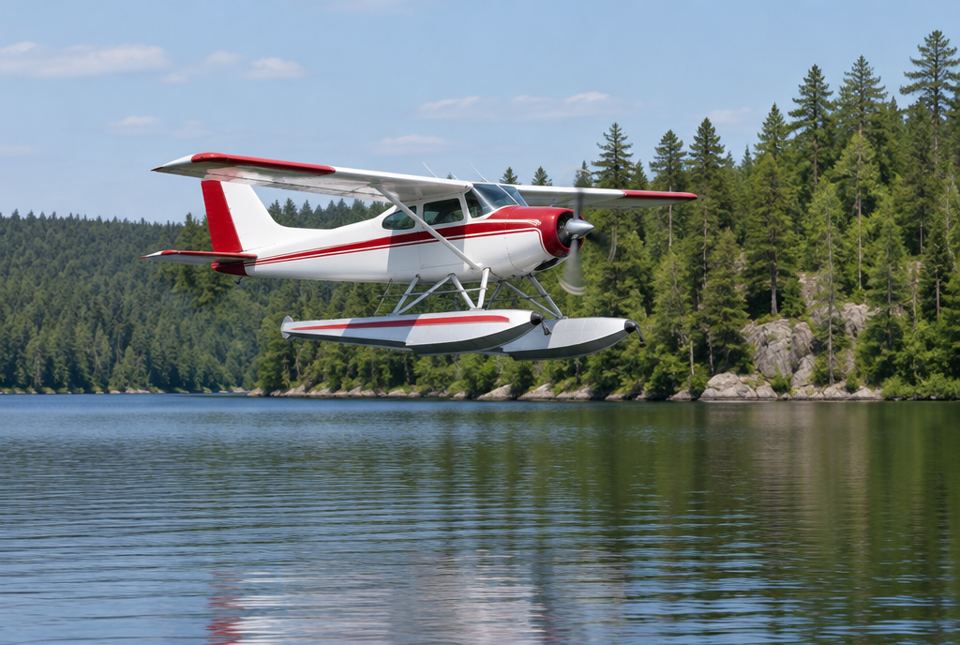 A small red and white floatplane with a propeller flying low over a calm lake surrounded by forest.