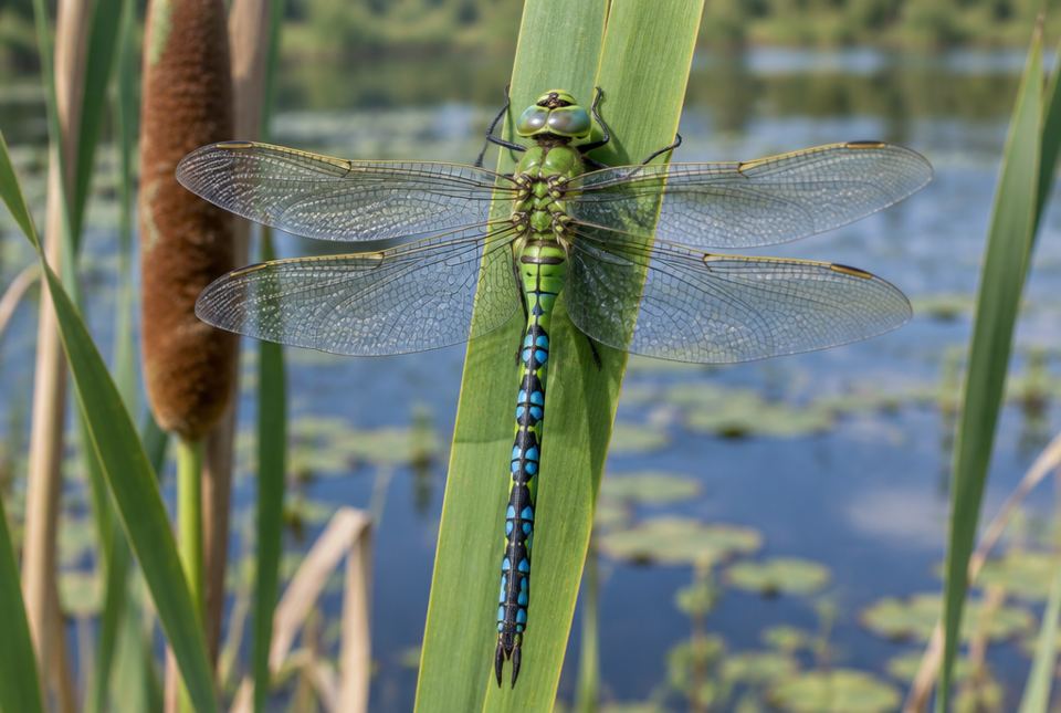 A dragonfly with four clear, veined wings resting on a green cattail leaf beside a pond.
