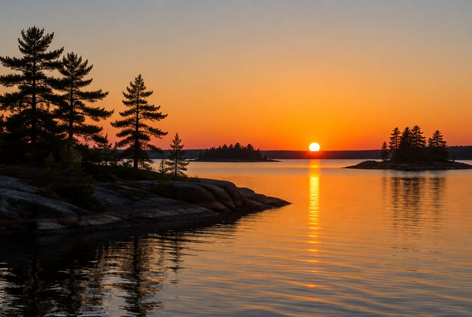 The orange Sun setting over a calm lake with pine-covered rocky islands.
