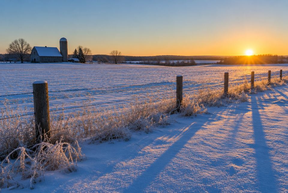 The Sun rising over a snowy farm field, with long shadows of fence posts.