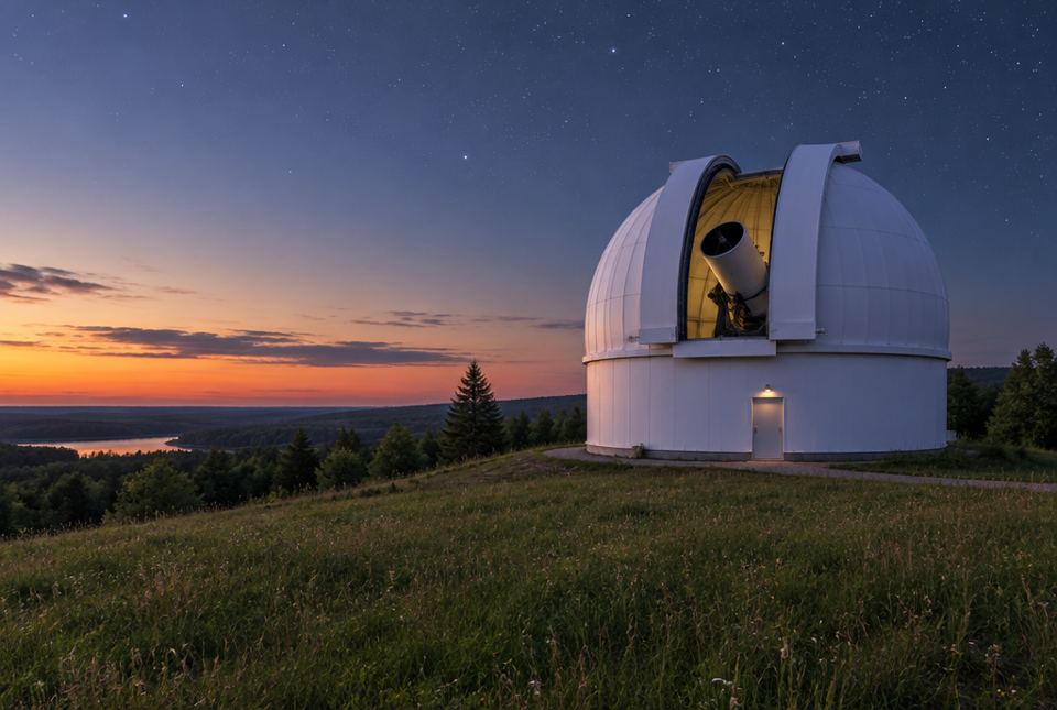 A white observatory dome on a grassy hill at dusk, open to show a telescope inside.