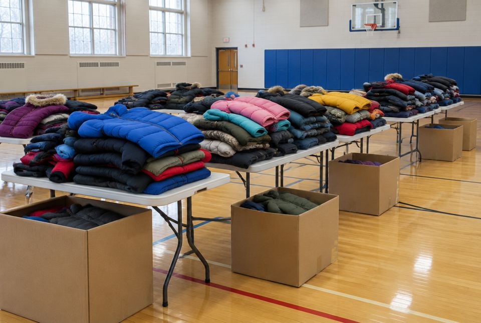 Piles of donated winter coats and boxes on tables in a school gym.