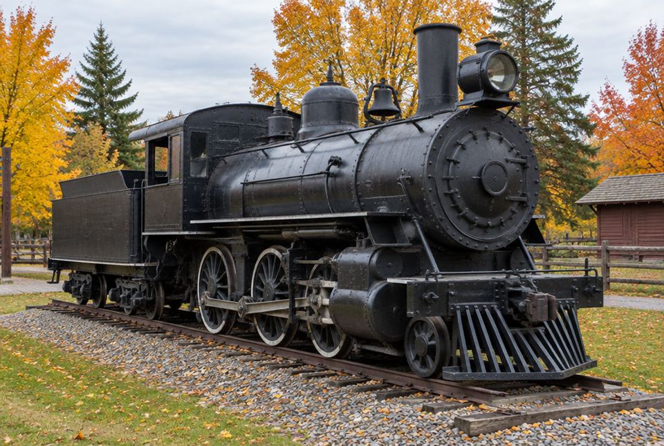 An old black steam locomotive on display at an outdoor railway museum.