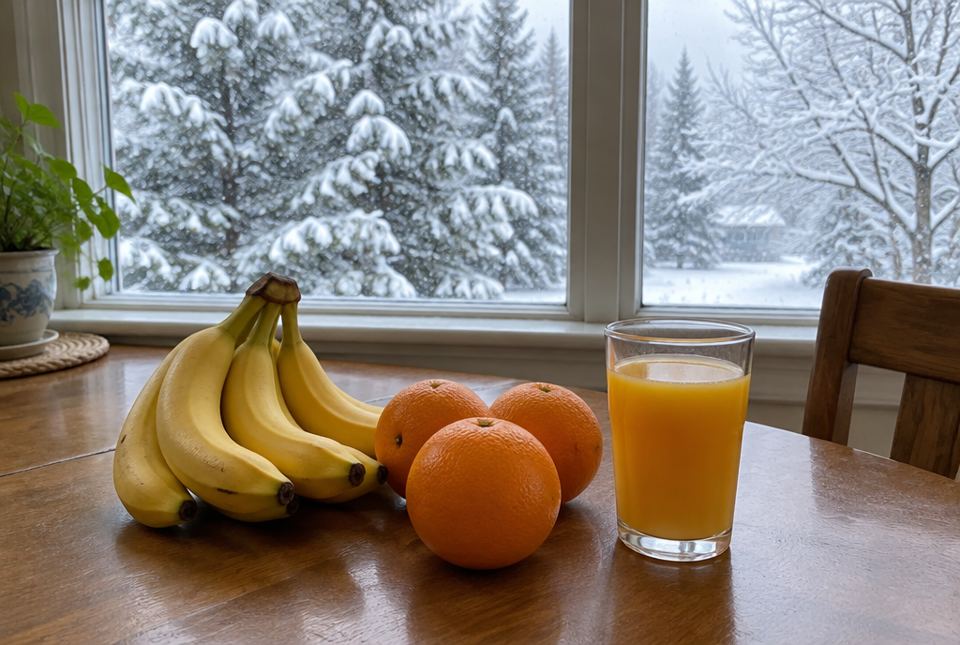 Bananas, oranges and a glass of orange juice on a table by a window with snow falling outside.