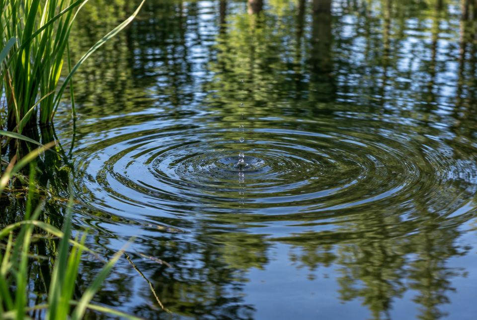 Circular ripples spreading out across a calm pond after a pebble dropped in.