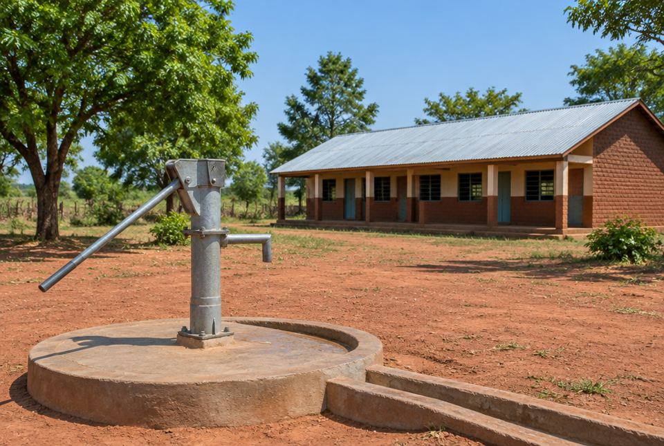 A metal hand-pump well beside a small rural school building with red earth around it.
