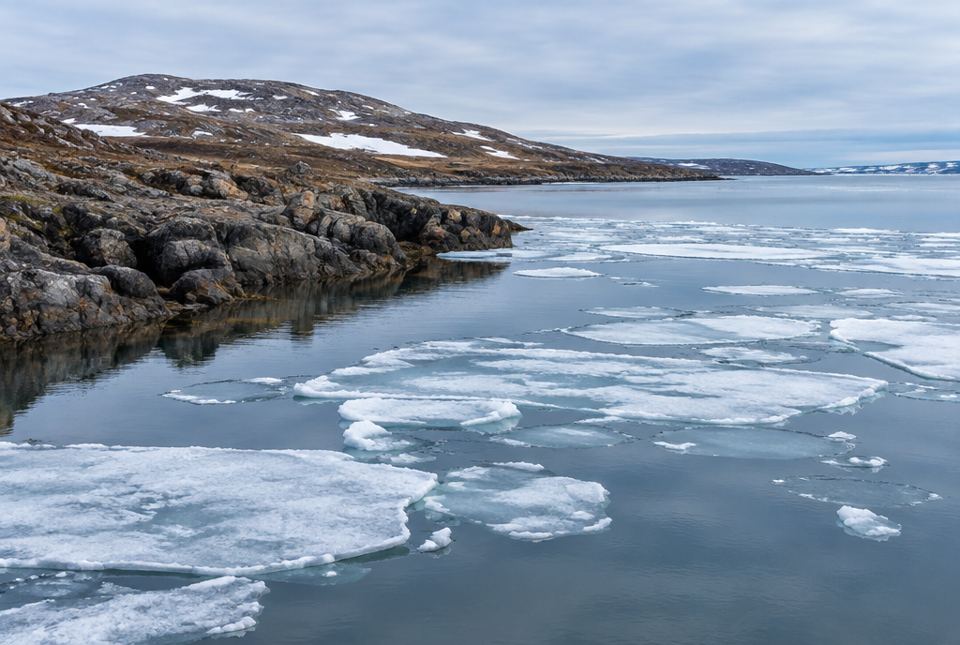Broken pieces of sea ice floating along a rocky Arctic coast with snowy hills.