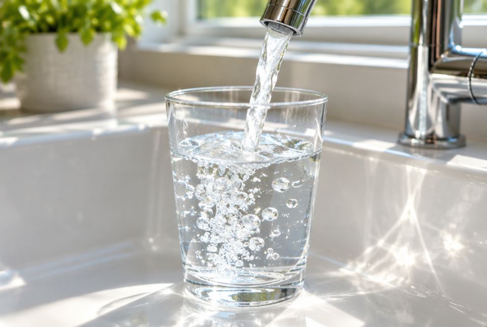 A glass being filled with clean water from a kitchen tap.