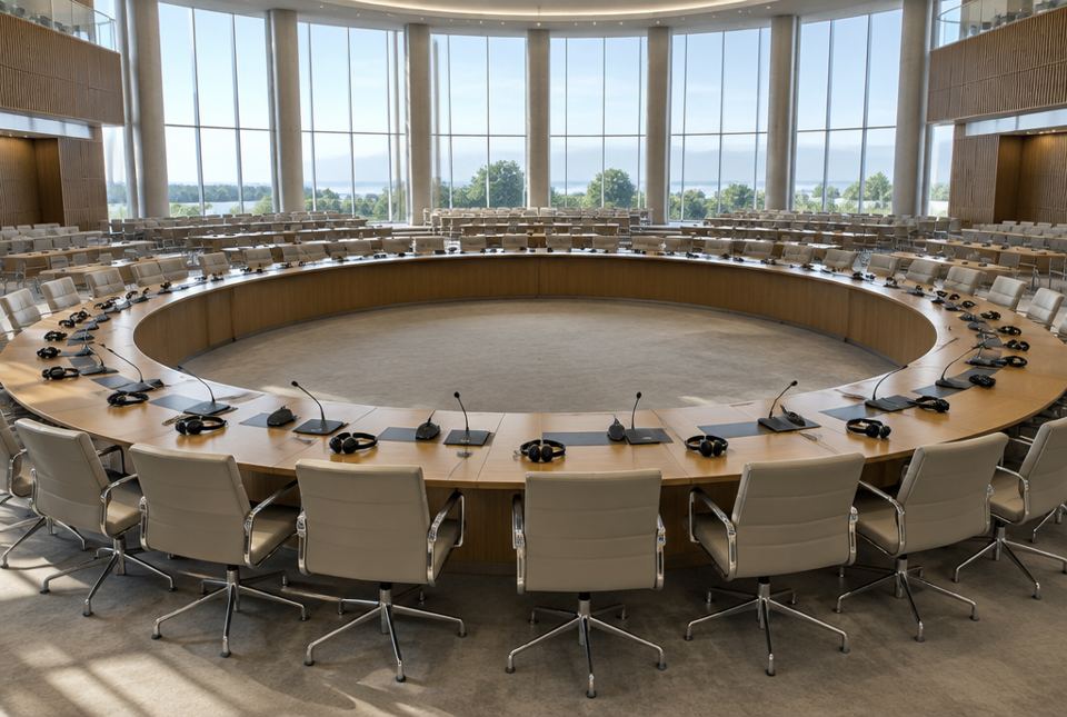 An empty conference hall with a large ring of desks, each with a microphone and headphones.
