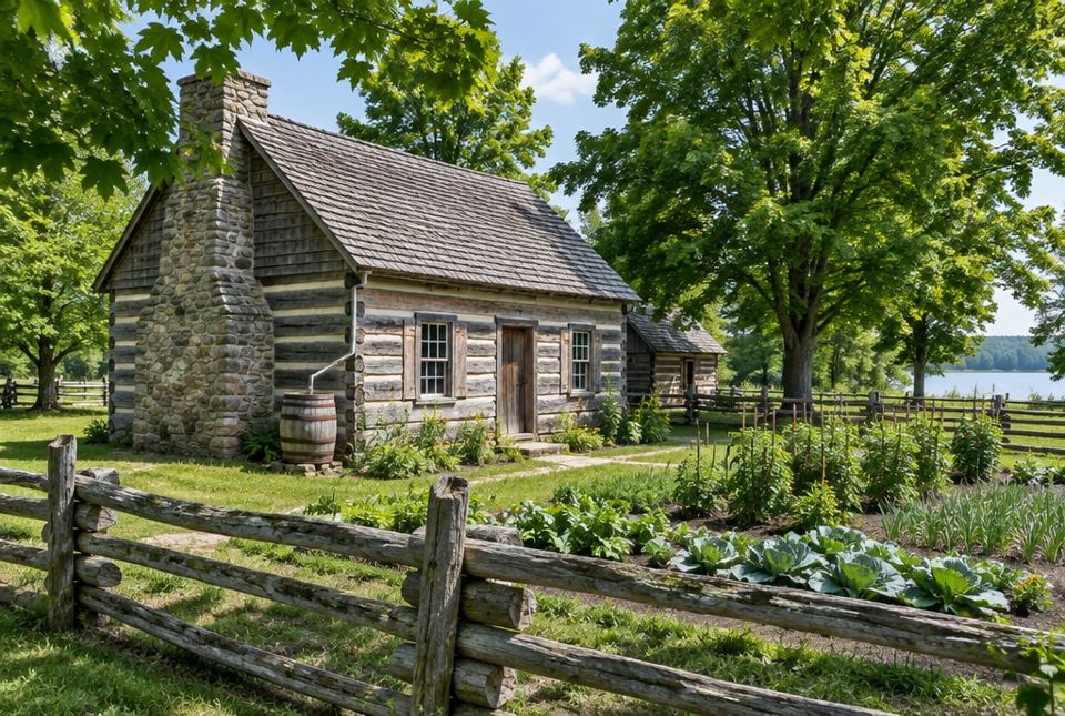 A reconstructed 1800s log house with a split-rail fence and a vegetable garden at a heritage village.