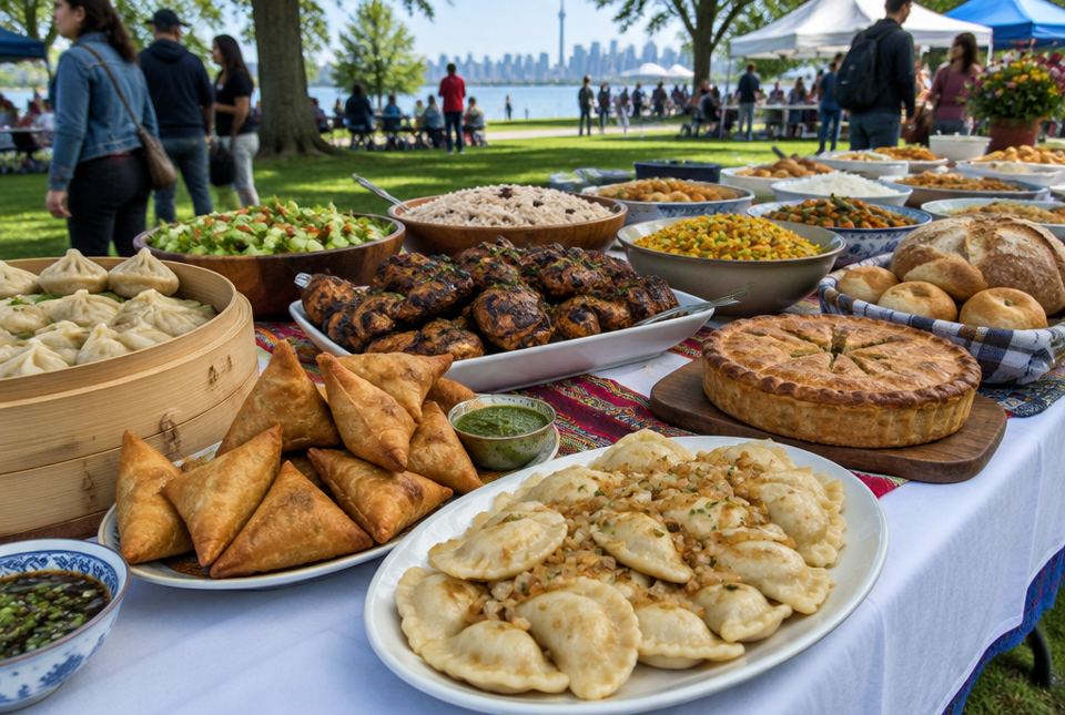 A long table at an outdoor festival covered with dishes from many cultures.