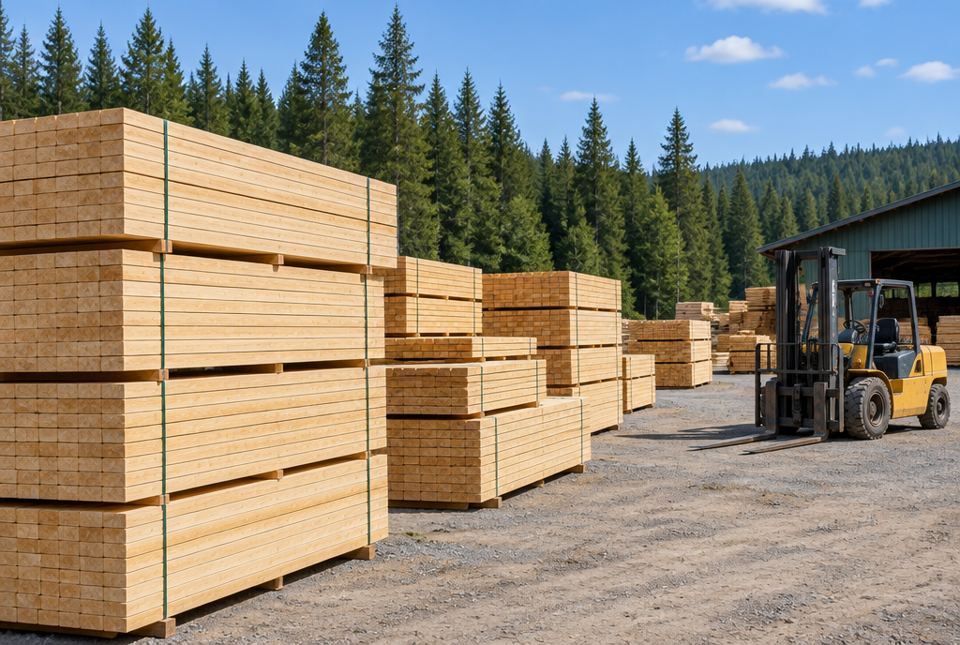 Large stacks of cut lumber in a sawmill yard beside an evergreen forest.