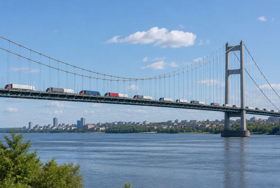A line of transport trucks crossing a large suspension bridge over a river.