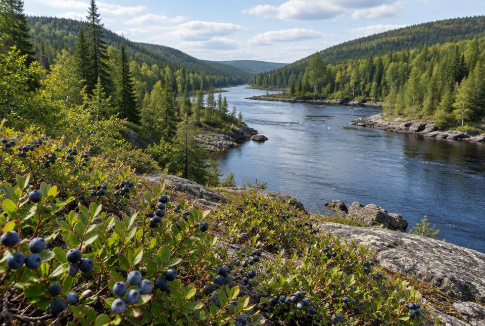 A river winding between forested hills, with blueberry bushes on the rocky bank.