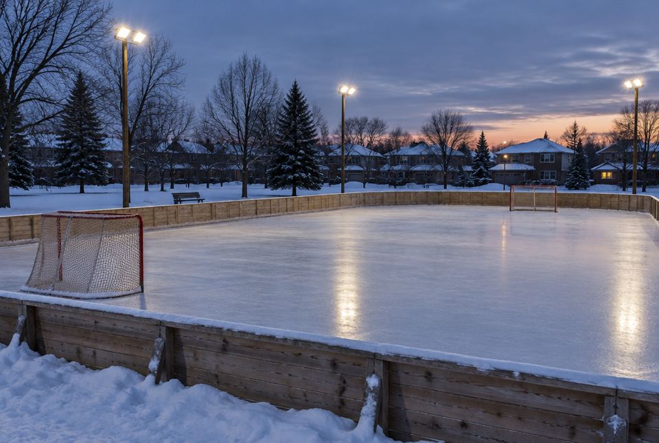 An empty outdoor hockey rink with boards and nets in a snowy town park at dusk.