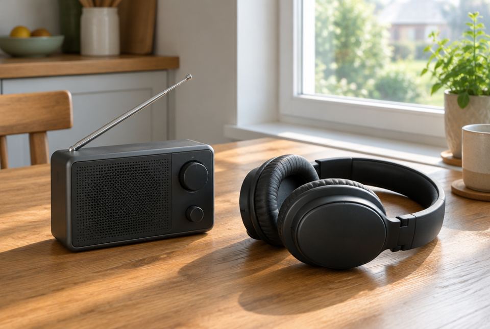 A small radio and a pair of headphones on a kitchen table by a window.