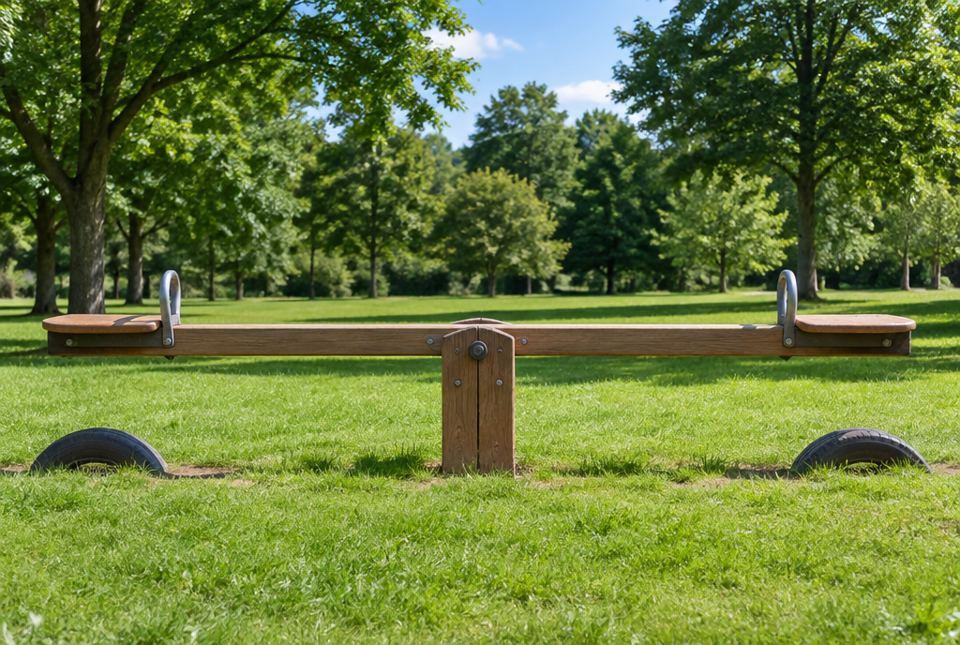 An empty wooden seesaw sitting level in a park playground.